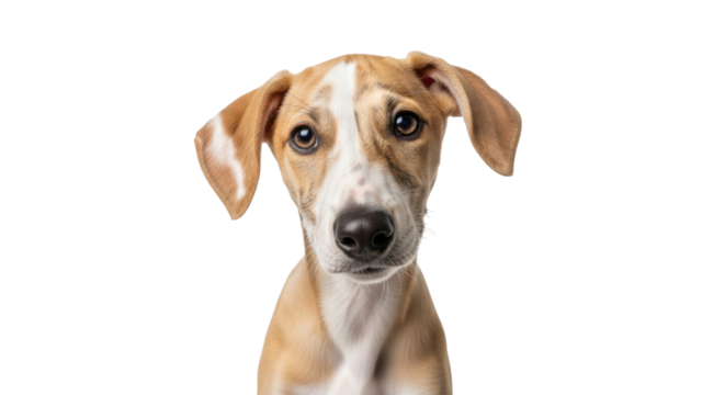 Isolated dog with light brown fur and floppy ears against a neutral backdrop image.