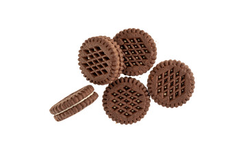 Chocolate Cookie Sandwiches With Cream Filling — Crunchy Round Cookies On White Background