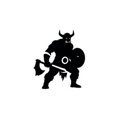 Silhouette of a Fierce Viking Warrior with Axe and Shield.