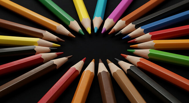 A macro close-up of many colorful, sharpened pencils arranged in a perfect radial circle with tips pointed inward towards a black center, creating an intense, vibrant focus. Abstract studio photo.