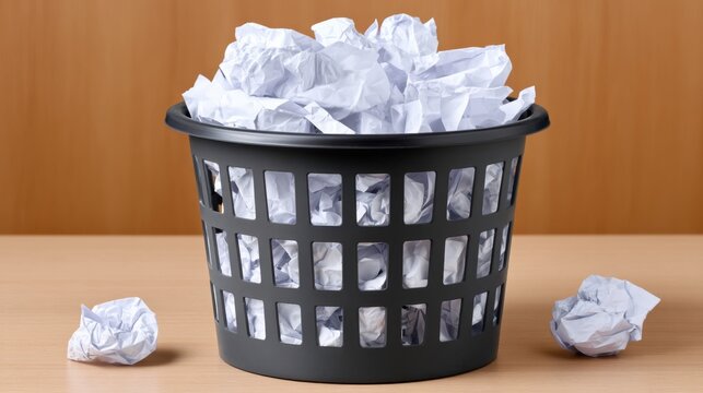 Crumpled Paper in a Black Basket on a Wooden Table Surface, Concept for Waste Management and Office Clutter - Powered by Adobe