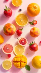 Naklejka premium Vibrant array of fresh fruits, cut and whole, arranged artfully on a pastel pink background, showcasing a cheerful and healthy aesthetic.