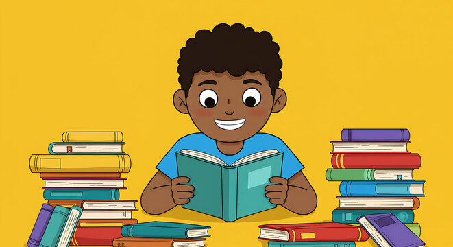Young Black boy with a wide smile is sitting and happily reading an open book, surrounded by colorful stacks of books against a bright yellow background. Cartoon illustration.