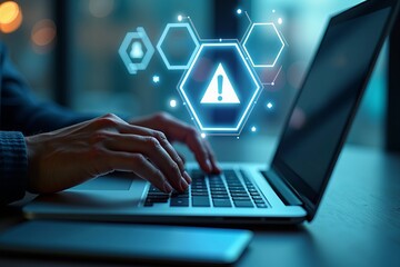 Cybersecurity threat and data breach warning with hacker typing on laptop keyboard with futuristic digital interface.