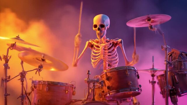 A lively skeleton energetically playing drums on stage with colorful smoke in the background