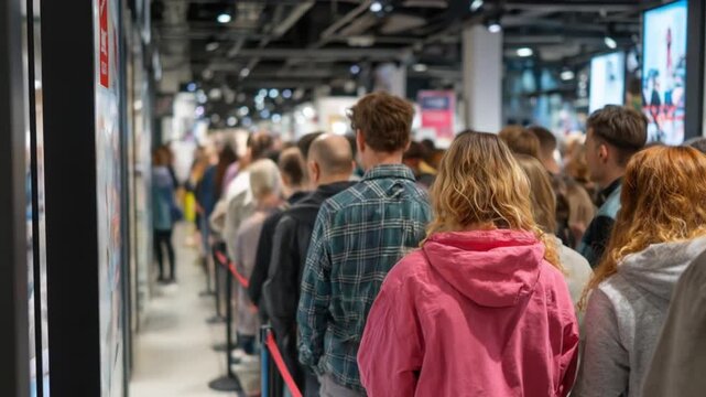 Crowded queue of diverse people waiting in line at a modern retail store with bright lighting