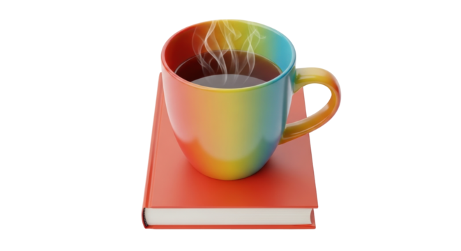 Isolated Rainbow Colored Mug with Coffee Resting on Top of a Red Reading Book - Powered by Adobe