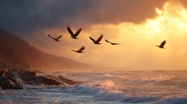 Majestic sunset with eagles soaring over ocean waves near rocky shore