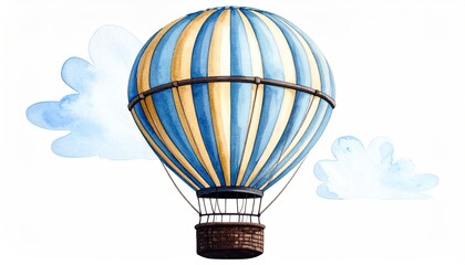 Obraz premium Blue-Yellow Hot Air Balloon with Clouds; Travel themed graphics and party decor