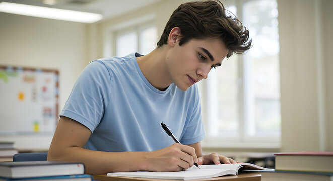 Young man in a blue t-shirt is intently writing in a notebook at a school desk in a brightly lit classroom with soft light filtering through the window. Stock photo.