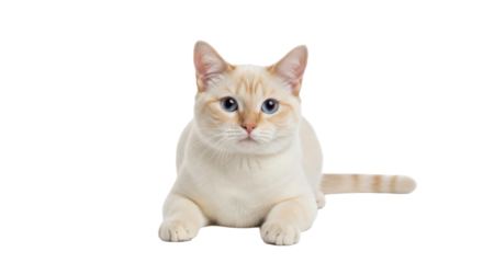 Isolated young cat looking at the camera lying down with blue eyes, very sweet animal pet