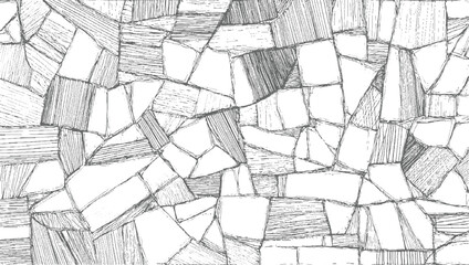 monochrome sketch of irregular stone shapes with varied hatching and line details forming a textured pattern.