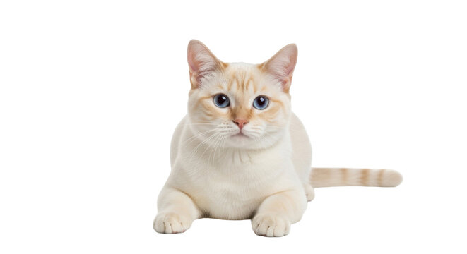Isolated young cat looking at the camera lying down with blue eyes, very sweet animal pet