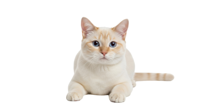 Isolated young cat looking at the camera lying down with blue eyes, very sweet animal pet