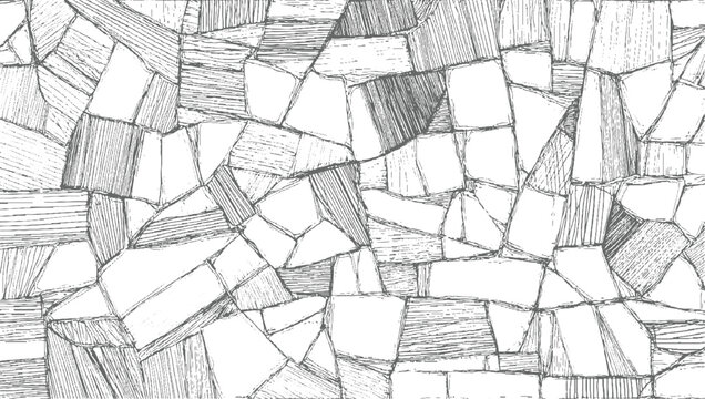 monochrome sketch of irregular stone shapes with varied hatching and line details forming a textured pattern.