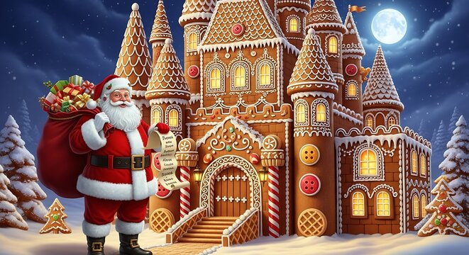 Santa claus with gifts and a gingerbread house castle under a full moon night