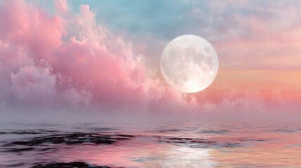Full moon rises above a calm sea with soft pink clouds at twilight