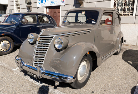 Old Fiat 1100 E, built in 1953, on exhibition during a vintage car rally in Varallo Sesia, Italy, September 29, 2025