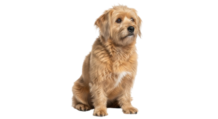Isolated portrait of a furry brown dog sitting, looking at the camera, attentively