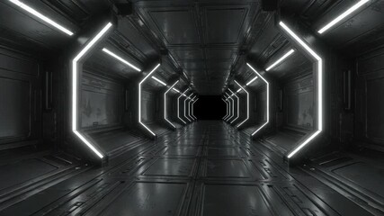 Dark futuristic metallic corridor with glowing white hexagonal lights - Powered by Adobe