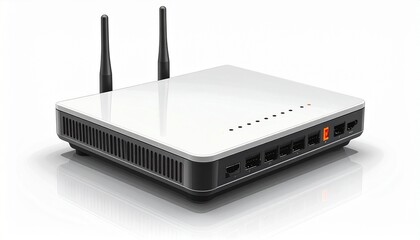 White wireless router with two black antennas and five Ethernet ports on sleek surface&mdash;symbolizing connectivity, infrastructure, and the digital choreography of access, signal, and flow.