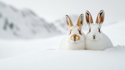 Pair of snowshoe hares blending with snowy landscape, fur matching snow, peaceful and natural winter wildlife scene