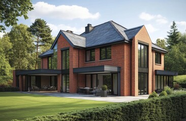 Fototapeta premium A modern brick house with large glass windows and a spacious patio, surrounded by greenery and trees, showcasing contemporary architectural design.
