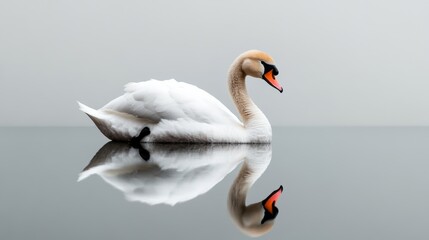 Obraz premium Snowy white swan gliding across frozen lake, reflection clear on icy surface, peaceful winter wildlife scene