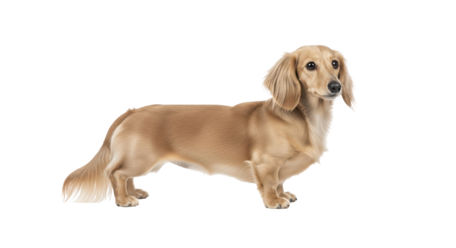 Isolated long-haired Dachshund, a cute purebred dog with tan fur and floppy ears looking forward