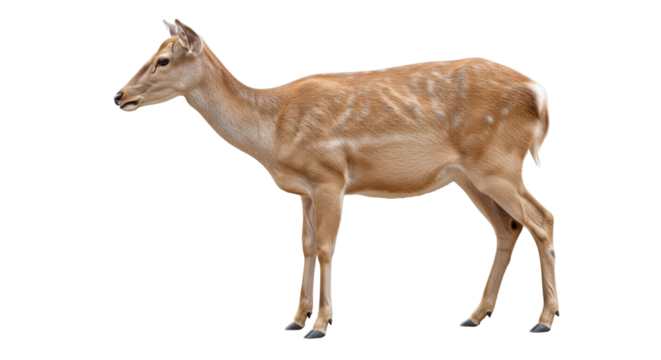 Isolated sika deer standing, tan color with spotted back, looking forward, wildlife animal