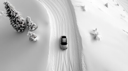 Car tire tracks in snow, leading down scenic mountain road, winter landscape scene
