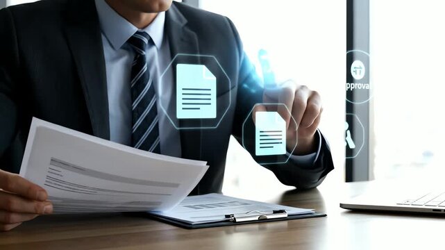 A professionally dressed businessman is attentively reviewing digital documents and paper reports on a desk in a bright office with holographic interfaces, presented with crisp focus and a cool,