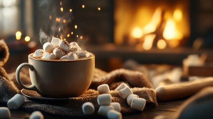 Mug of hot cocoa with whipped cream, sitting on wooden table, fireplace in background, cozy winter scene