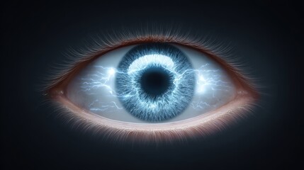 Fototapeta premium Close-up of an Eye with Electric Energy and Vibrant Blue Iris in a Dark Background