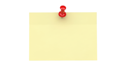 Isolated yellow adhesive note pinned, blank memo pinned to surface for message, to do list