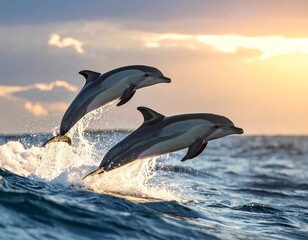 Fototapeta premium Two dolphins leap high in sunset ocean waves
