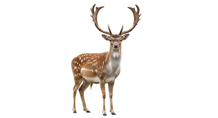 Isolated fallow deer buck stag in standing pose, wild animal with antlers looking at camera © Dennis