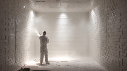 Artist Spraying Ceramic Glaze in a White Tiled Booth