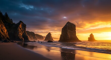 Golden sunset coastal landscape