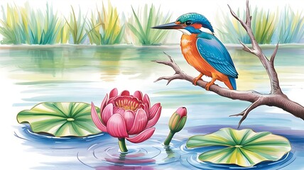A vibrant kingfisher bird perched on a branch above water with lotus flowers, watercolor illustration style
