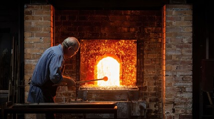 Blowing Glass in Studio Furnace with Skilled Gaffer Shaping Glass
