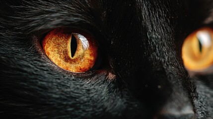 Intense Close-Up of Black Cat Eyes Reflecting Candlelight Glow