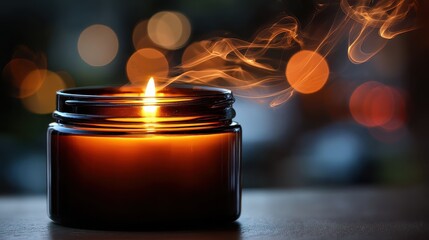 Close-up of Candle Flame in Black Jar with Wisps of Smoke