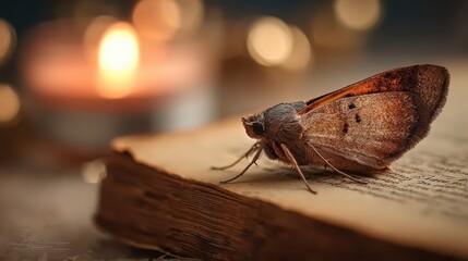 Macro Shot of Moth Resting on Old Book Beside Glowing Candle