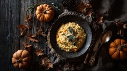 Minimalist Pumpkin Risotto in Dark Scene with Decorative Elements