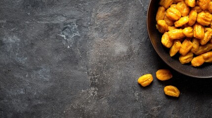 Roasted Pumpkin Gnocchi in Dark Bowl on Stone Background
