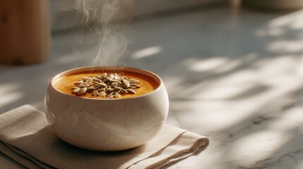 Minimalist Kitchen Island with Pumpkin Soup and Toasted Seeds