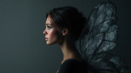 Minimal Dark Portrait of a Fairy with Delicate Wings in Profile