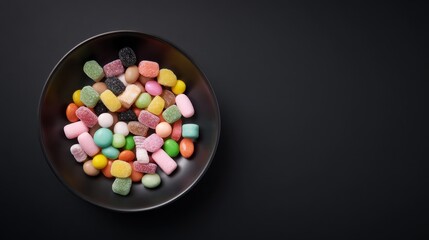 Minimalist Still Life of Black Ceramic Bowl with Colorful Candy