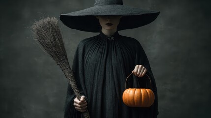 Classic Witch Portrait in Minimal Studio Setting with Pumpkin